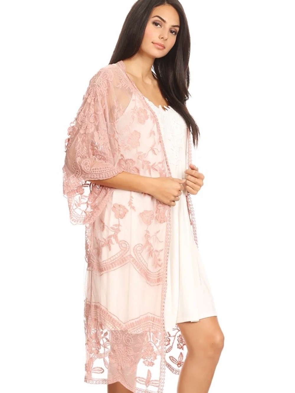 Lace Sheer Kimono Robe in Dusty Rose